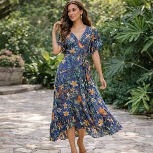 Bali ELF Made By Hand SZ XL Fits SZ 10 Carmen Floral Tiered Maxi Dress NWOT BOHO